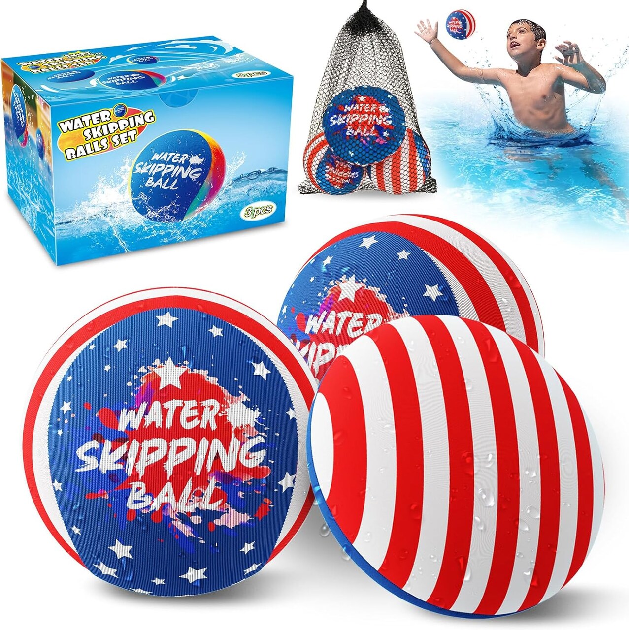 Water Bouncing Ball, 4th of July Splash Skip Water Balls for Fly Swimming Pool Games, 3 Pack Colorful Skipping Balls for Kids 4-8-12 and Adult, Summer Toys Gifts Independence Day Water Party
